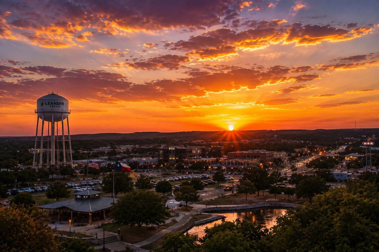 Sunset over Leander, Texas — the water tower and old town square at dusk