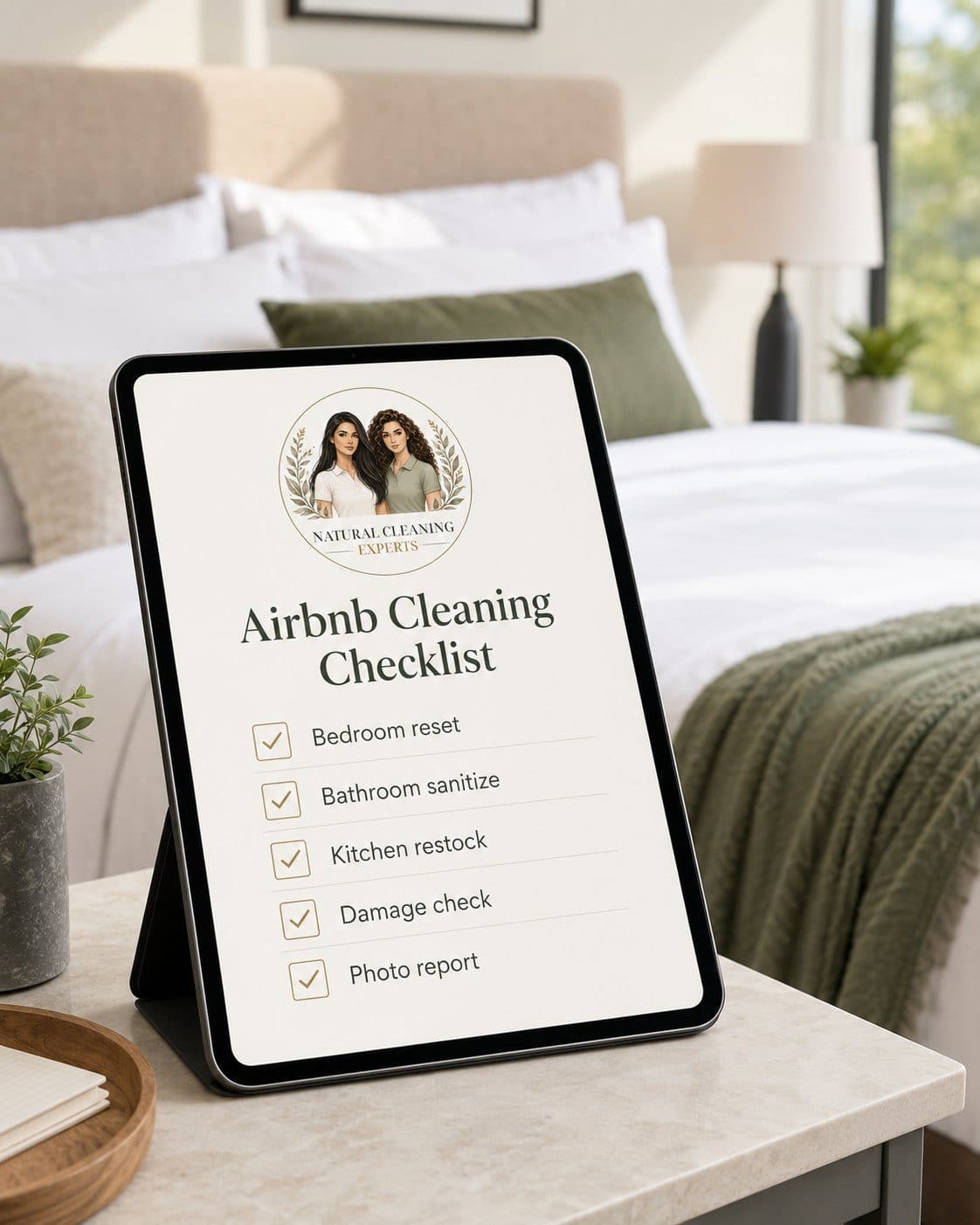 A tablet showing an Airbnb turnover checklist — bedroom reset, bathroom sanitize, kitchen restock, damage check, photo report — propped on a nightstand beside a made bed