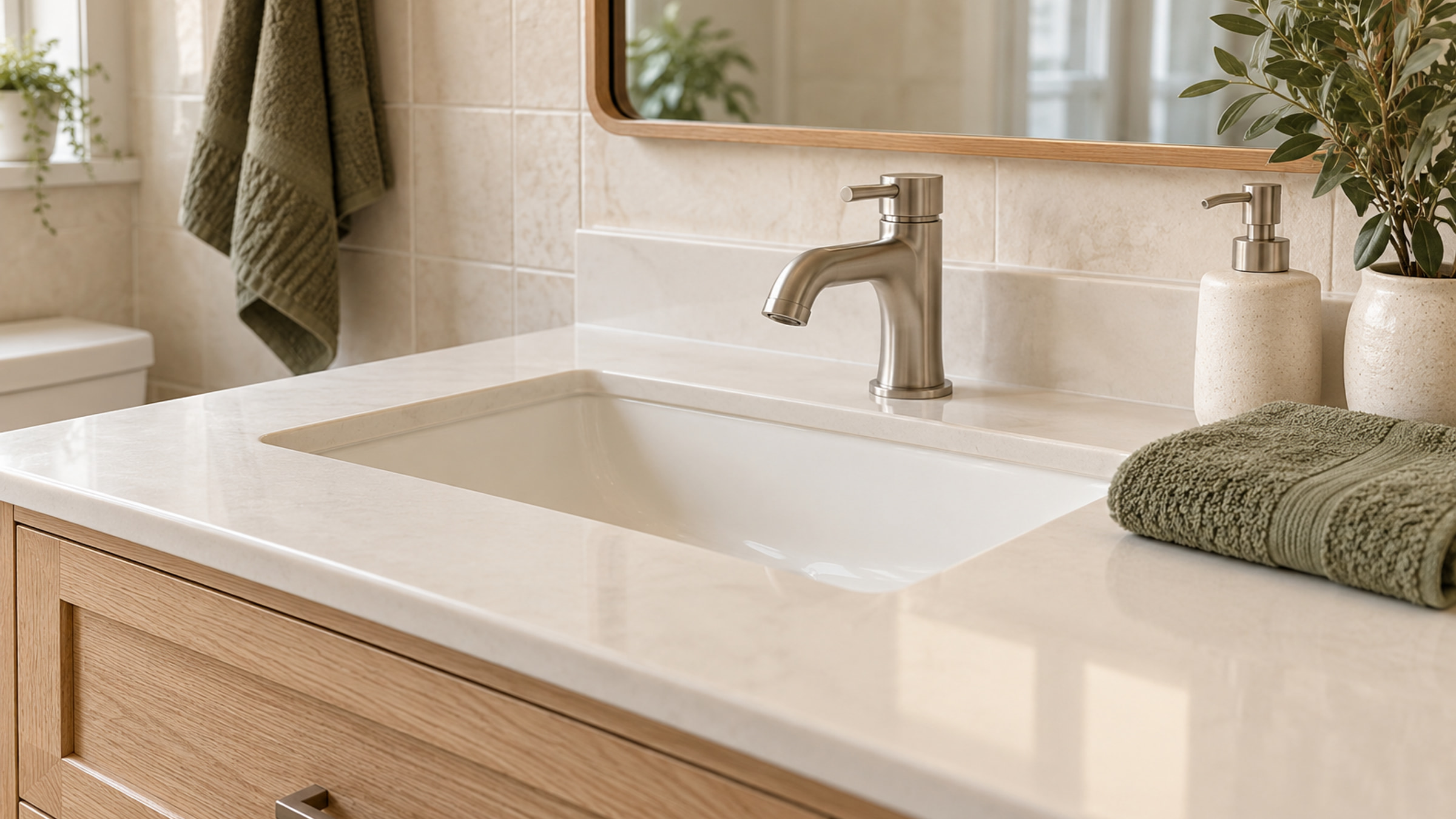 Clean bathroom sink, faucet, and vanity edges beside an olive hand towel.