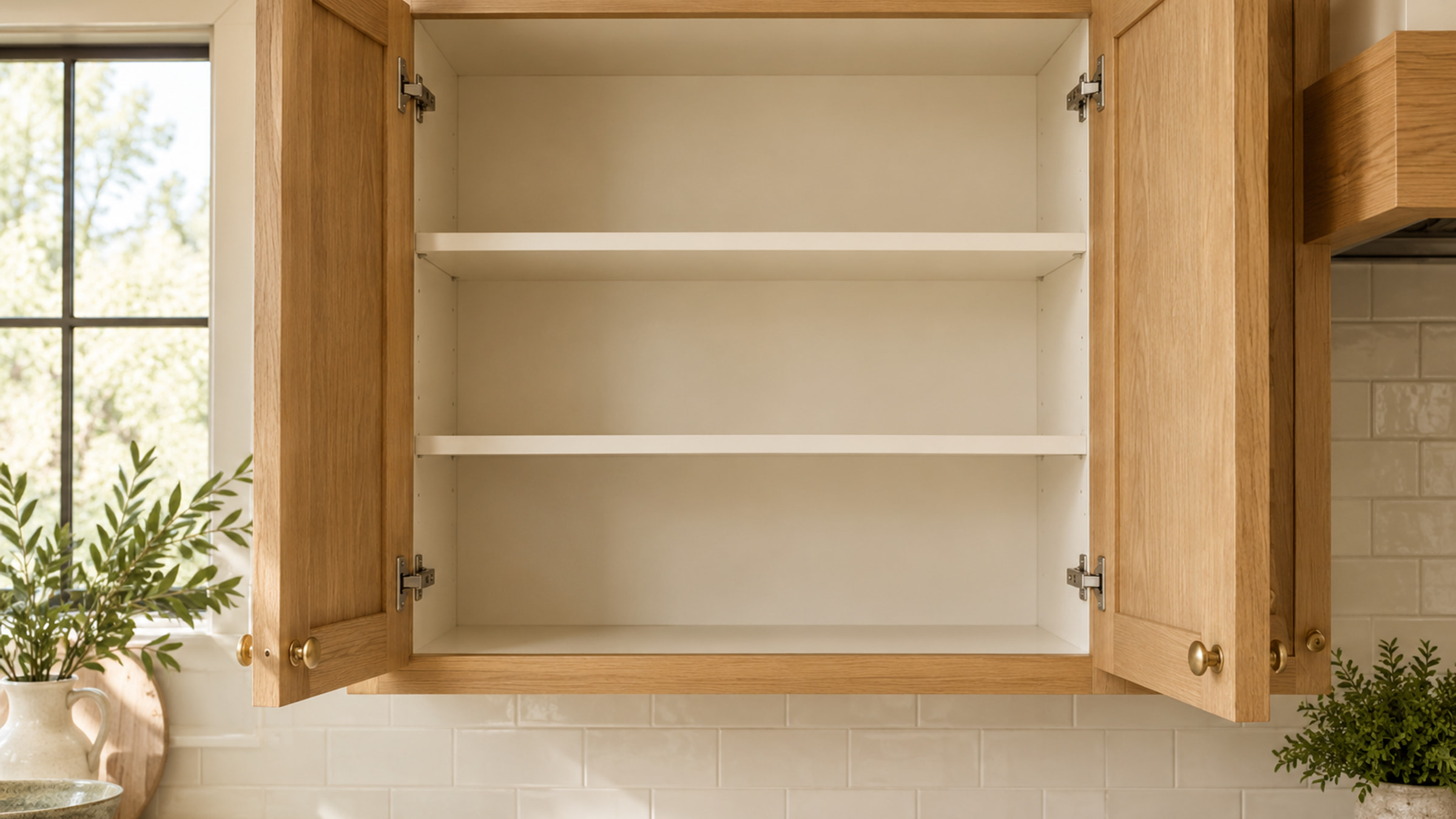 Open empty kitchen cabinet with clean shelves and light wood doors.