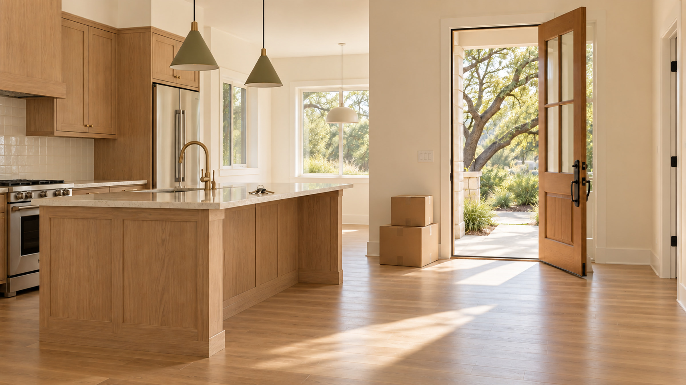 Clean Austin home ready for move-out, with packed boxes beside the kitchen.