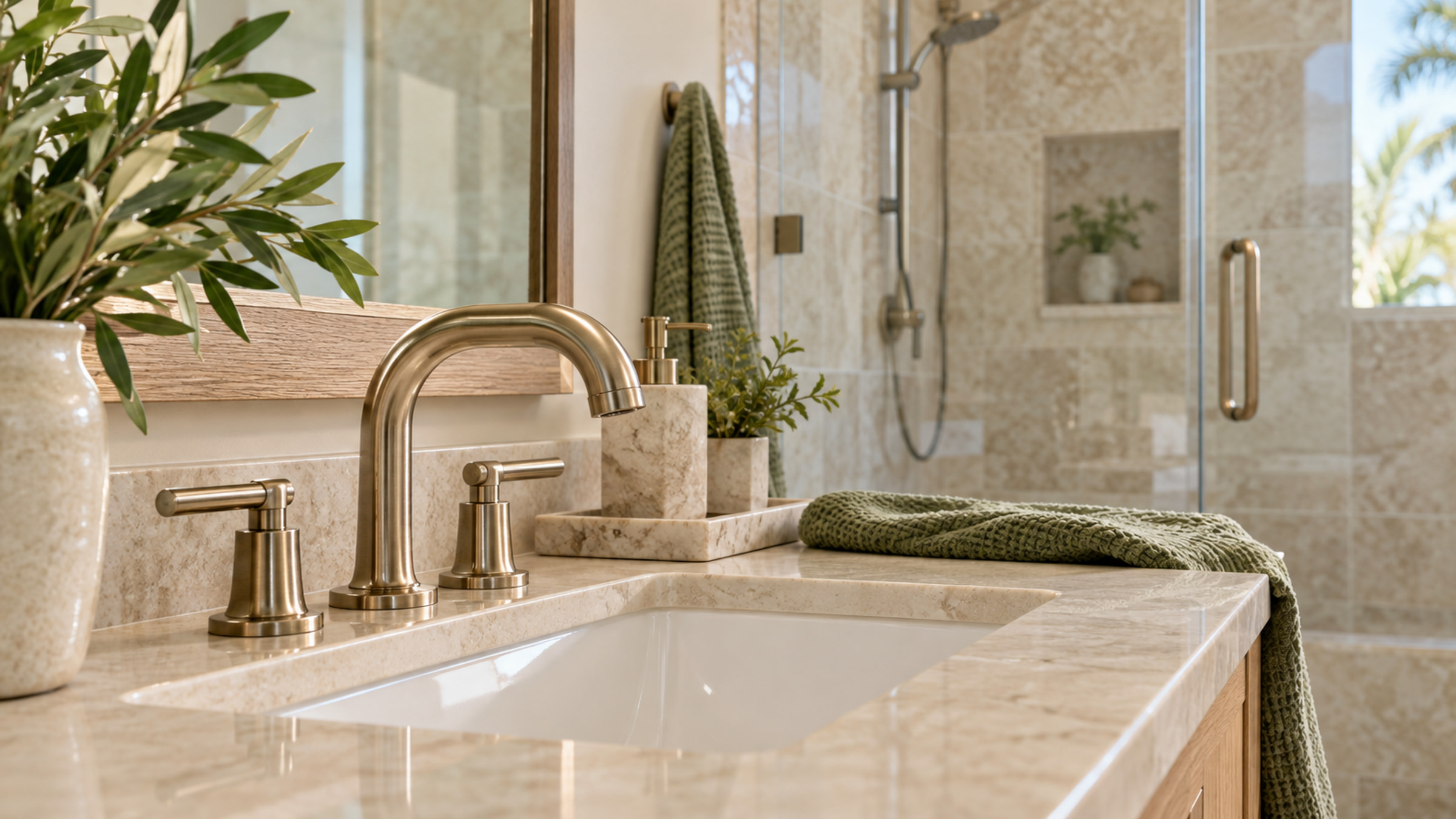 Clean bathroom faucet and shower glass with neutral tile in soft daylight.