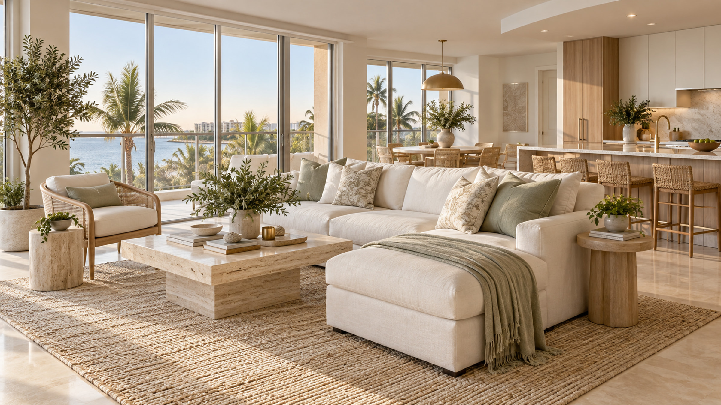 Bright Boca Raton condo with a clean living area and palm trees outside.