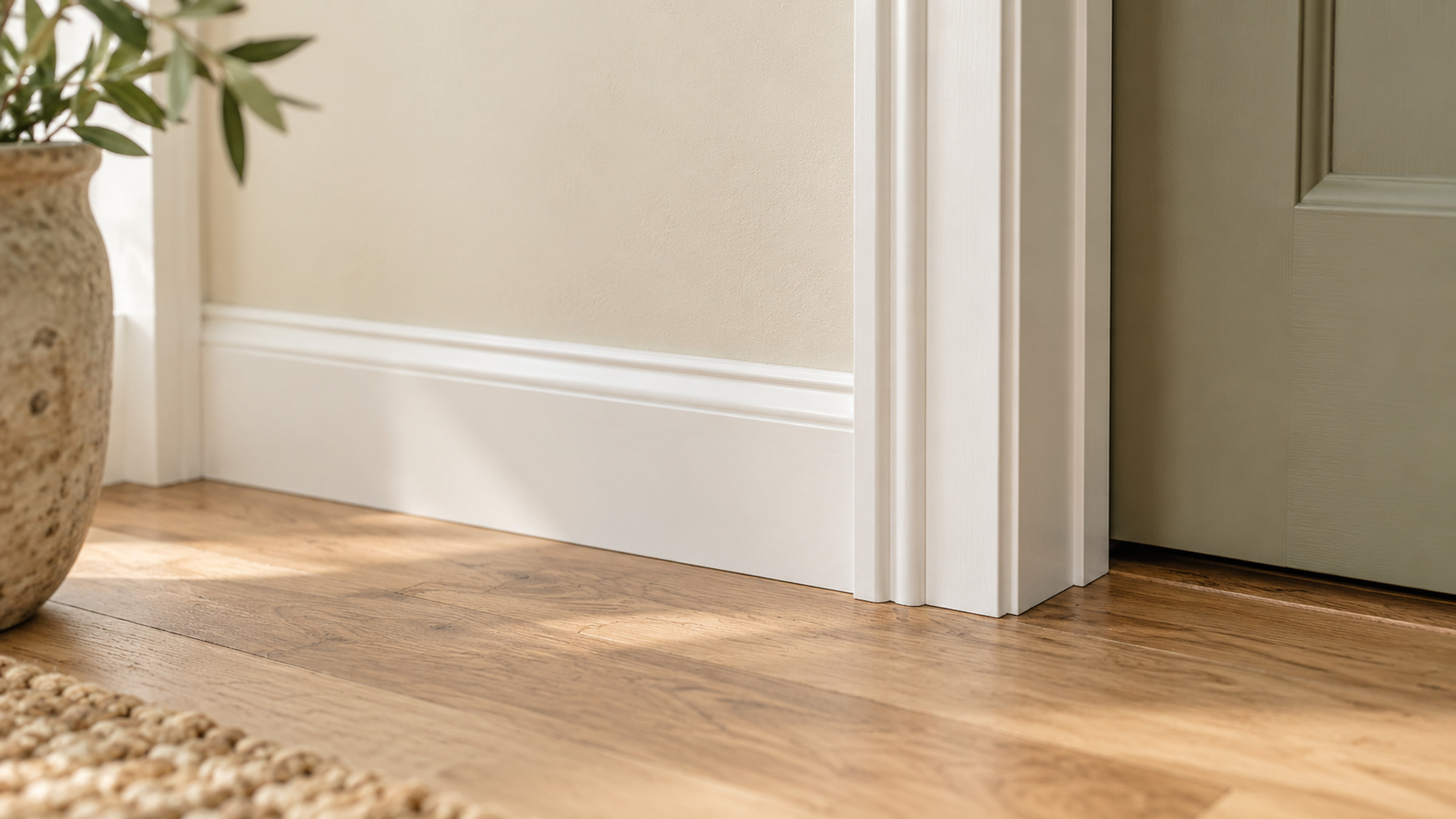 Clean baseboard and door trim along a light oak floor.
