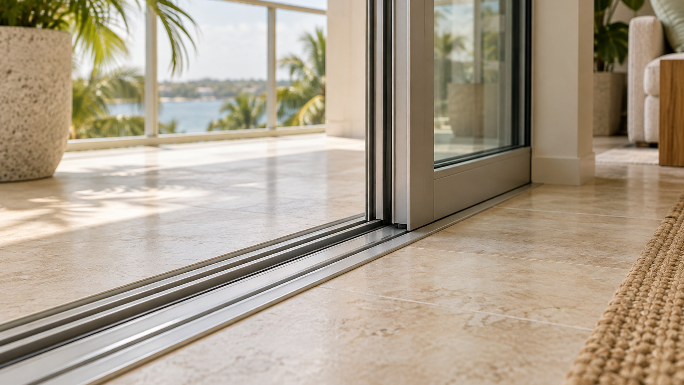 Clean interior sliding-door track beside a warm stone floor.