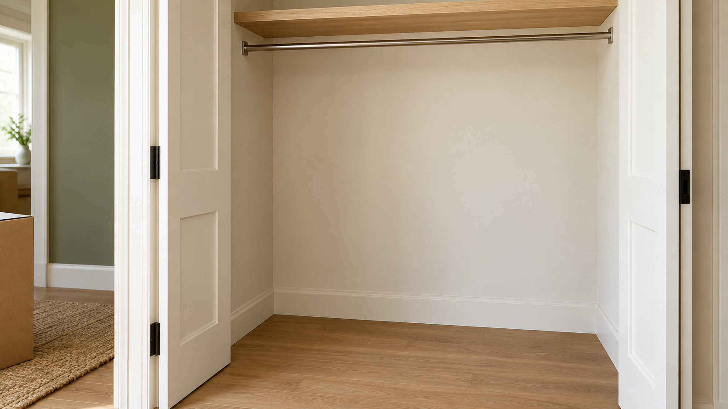 Empty apartment closet with a clean shelf, hanging rail, and floor.