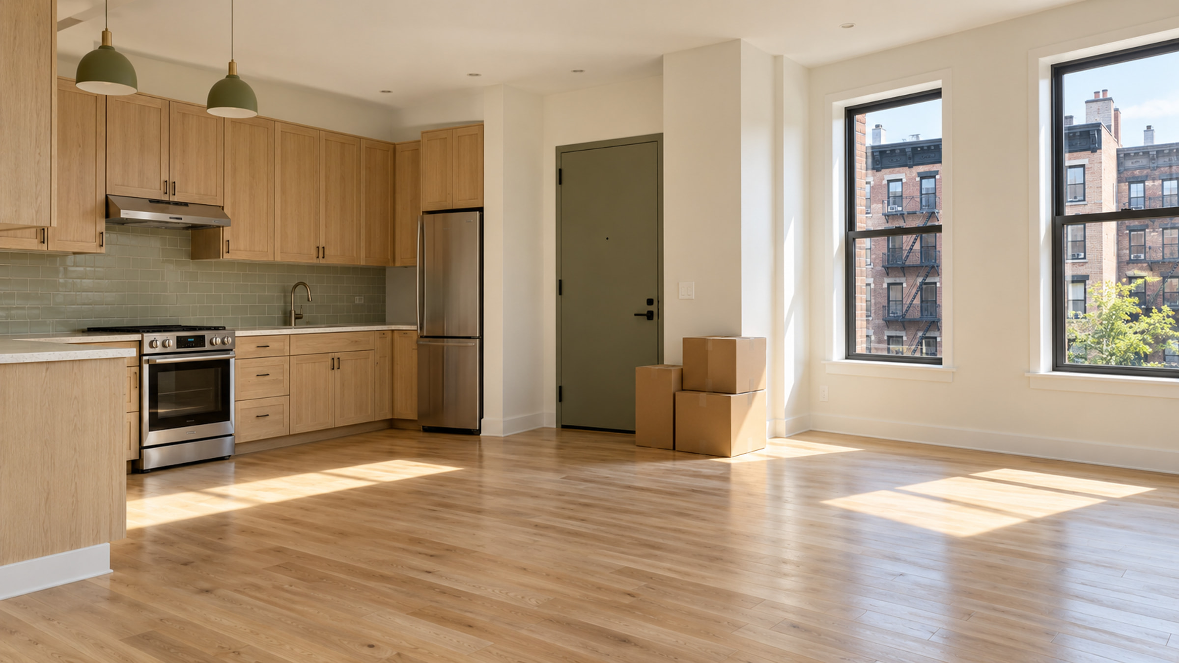 Sunlit empty NYC apartment with moving boxes beside a clean kitchen.