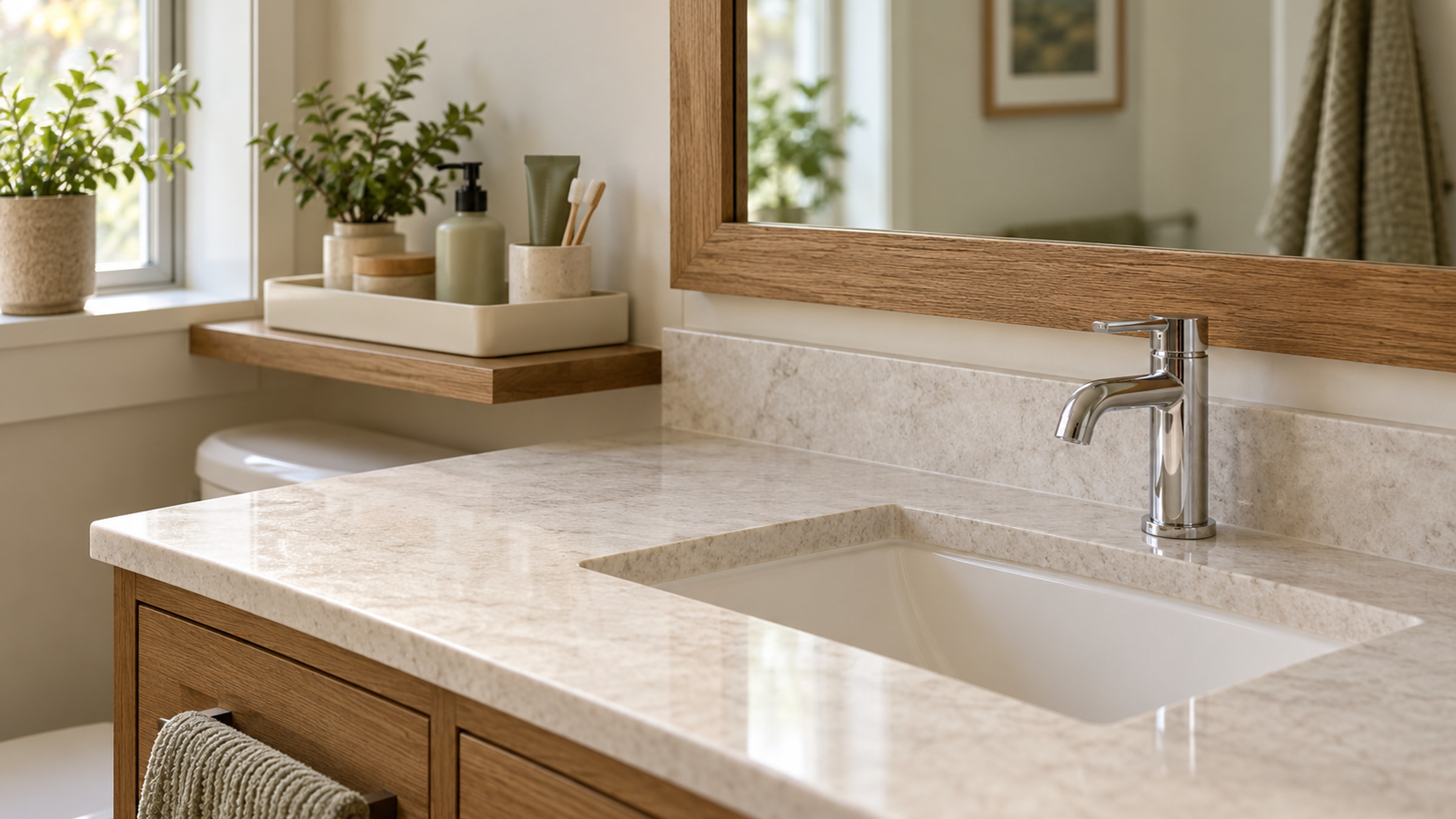 Clear bathroom counter with toiletries grouped in a tray on a nearby shelf.
