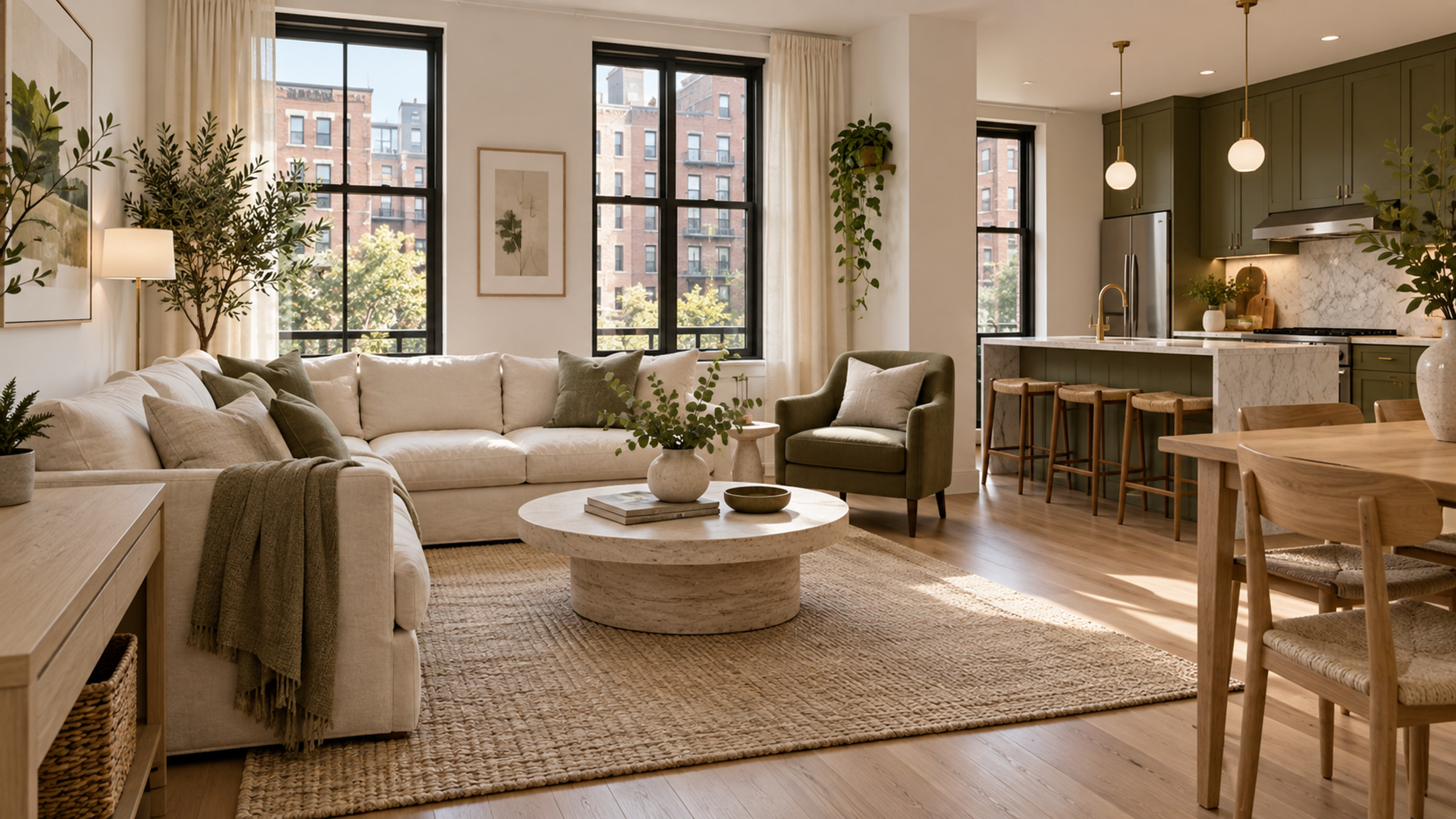 NYC apartment with cleared surfaces, tucked-in chairs, and open floor space.