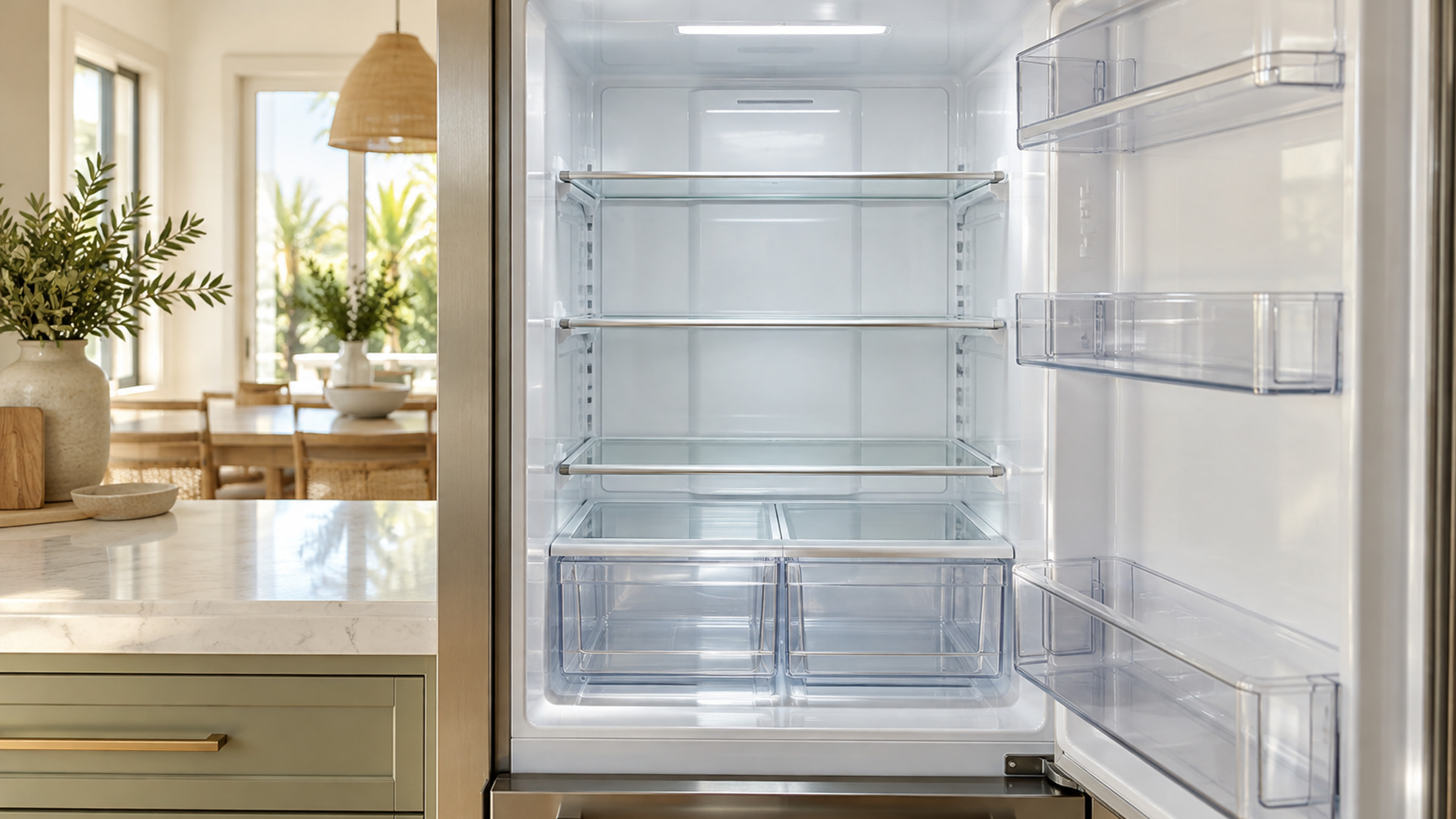 Open refrigerator with clean empty shelves and drawers.