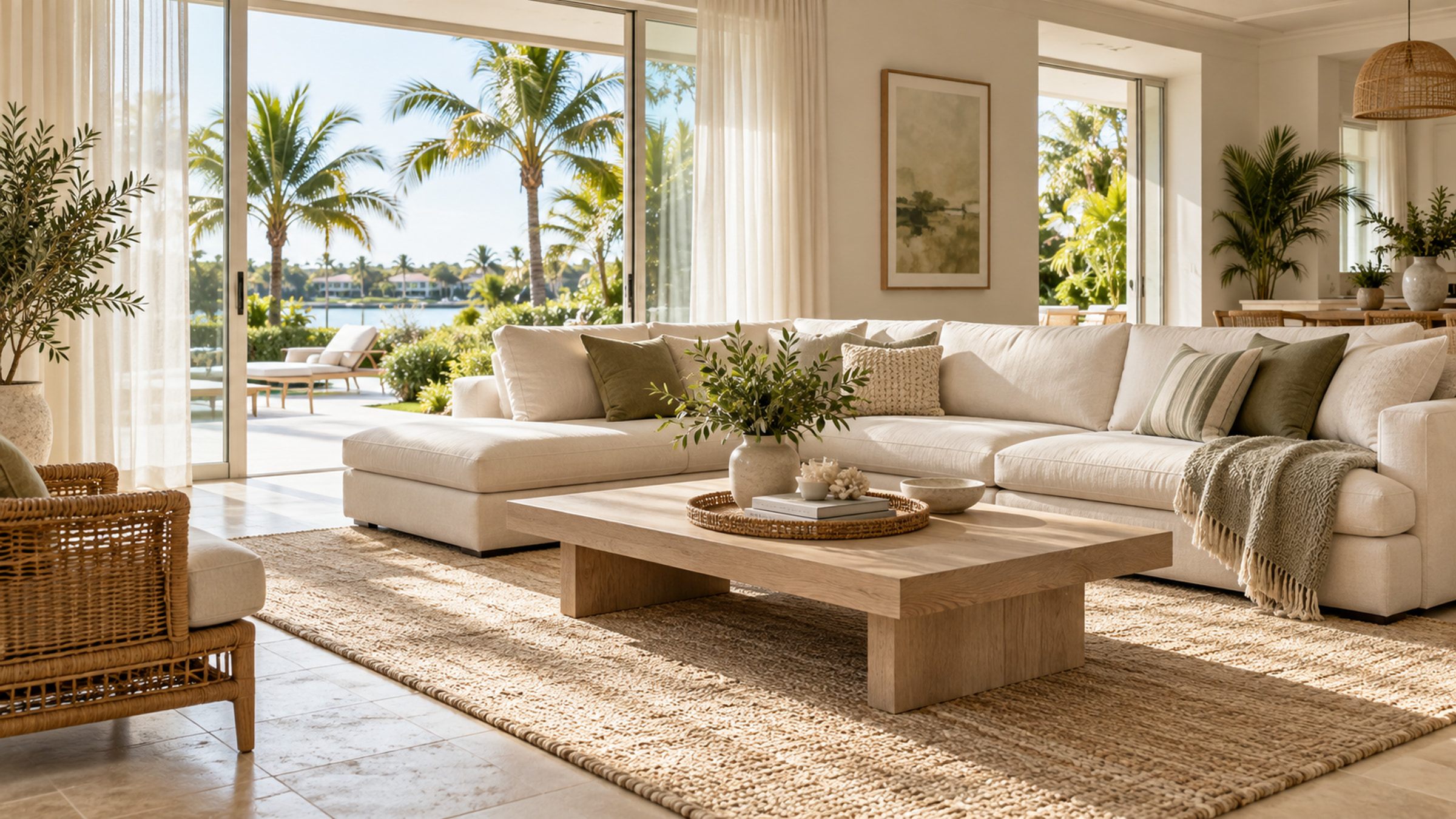 Bright seasonal home with open curtains, a linen sofa, and palms outside.