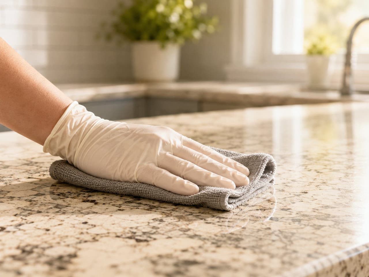 Gloved hand gently polishing a sealed granite countertop with a soft gray microfiber cloth
