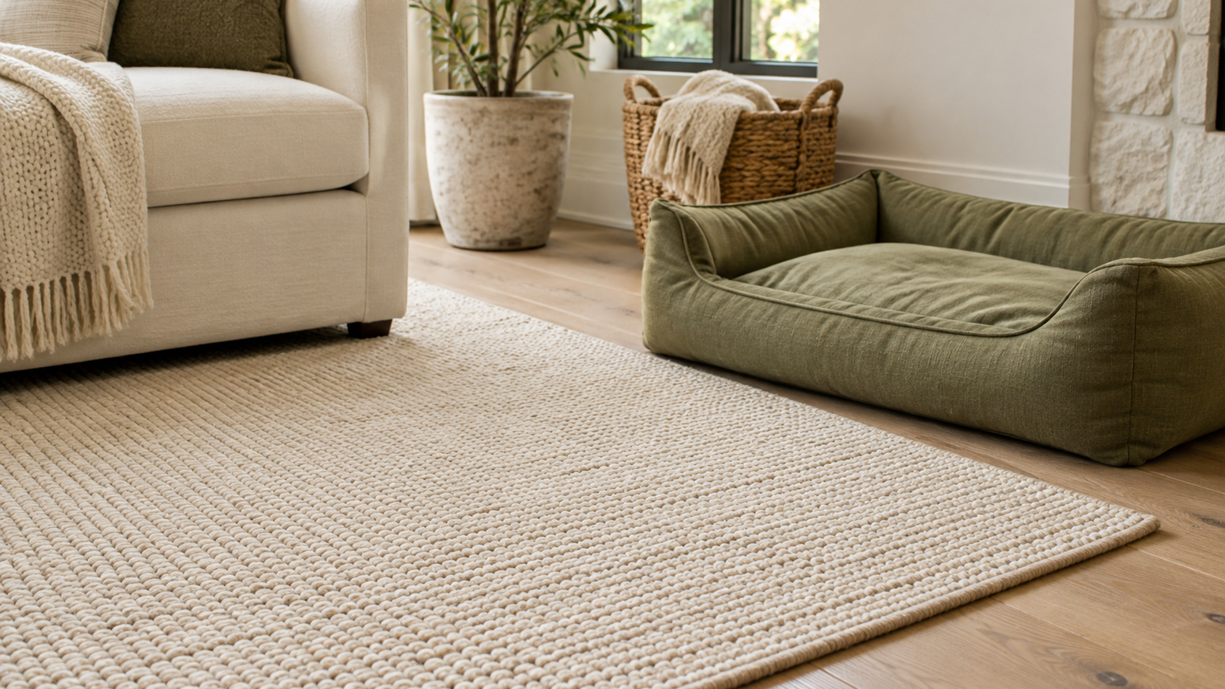 Clean rug and oak floor beside a neatly arranged olive pet bed.