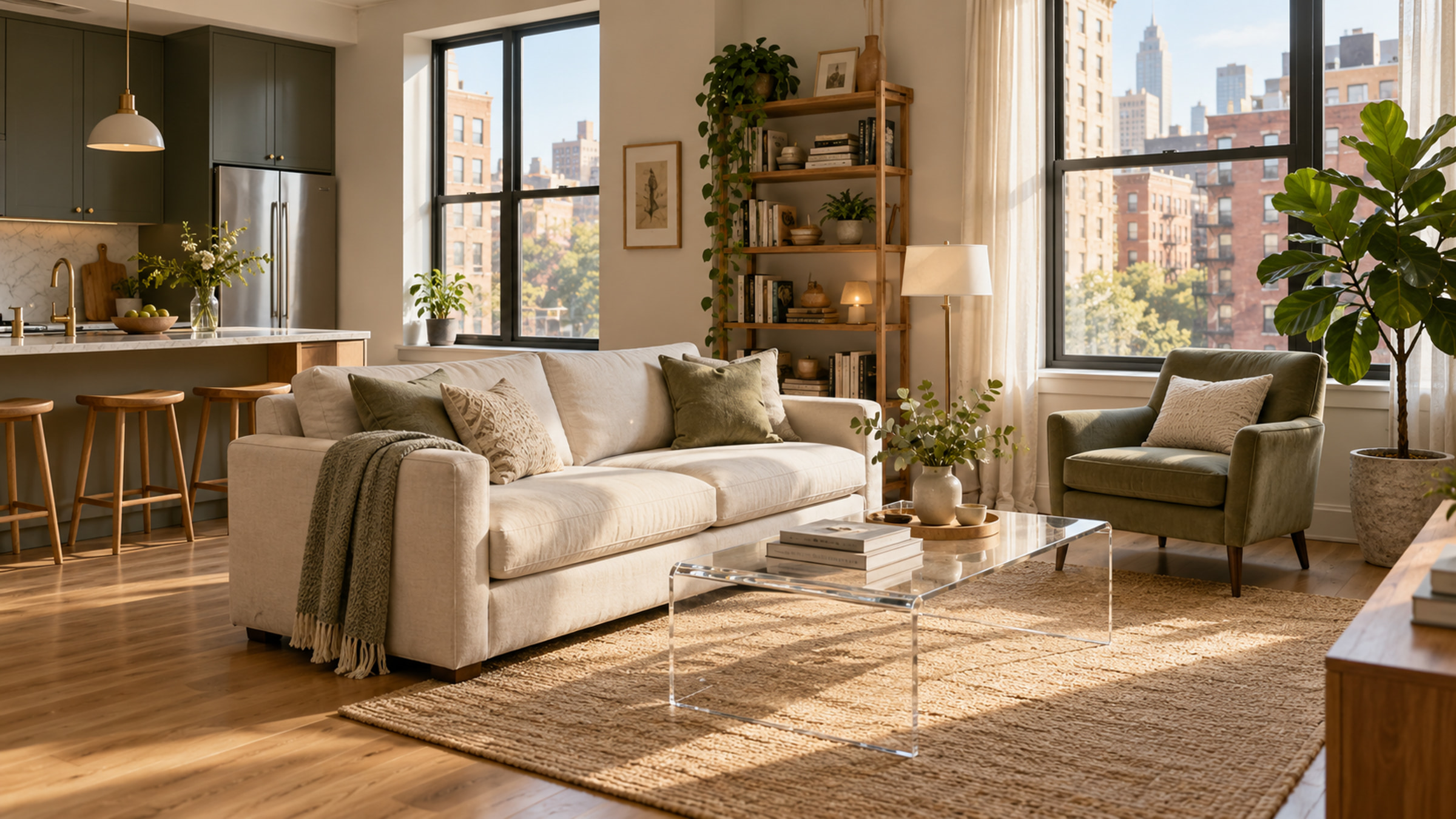 Tidy NYC living room with a cream sofa, sage chair, and clear coffee table.