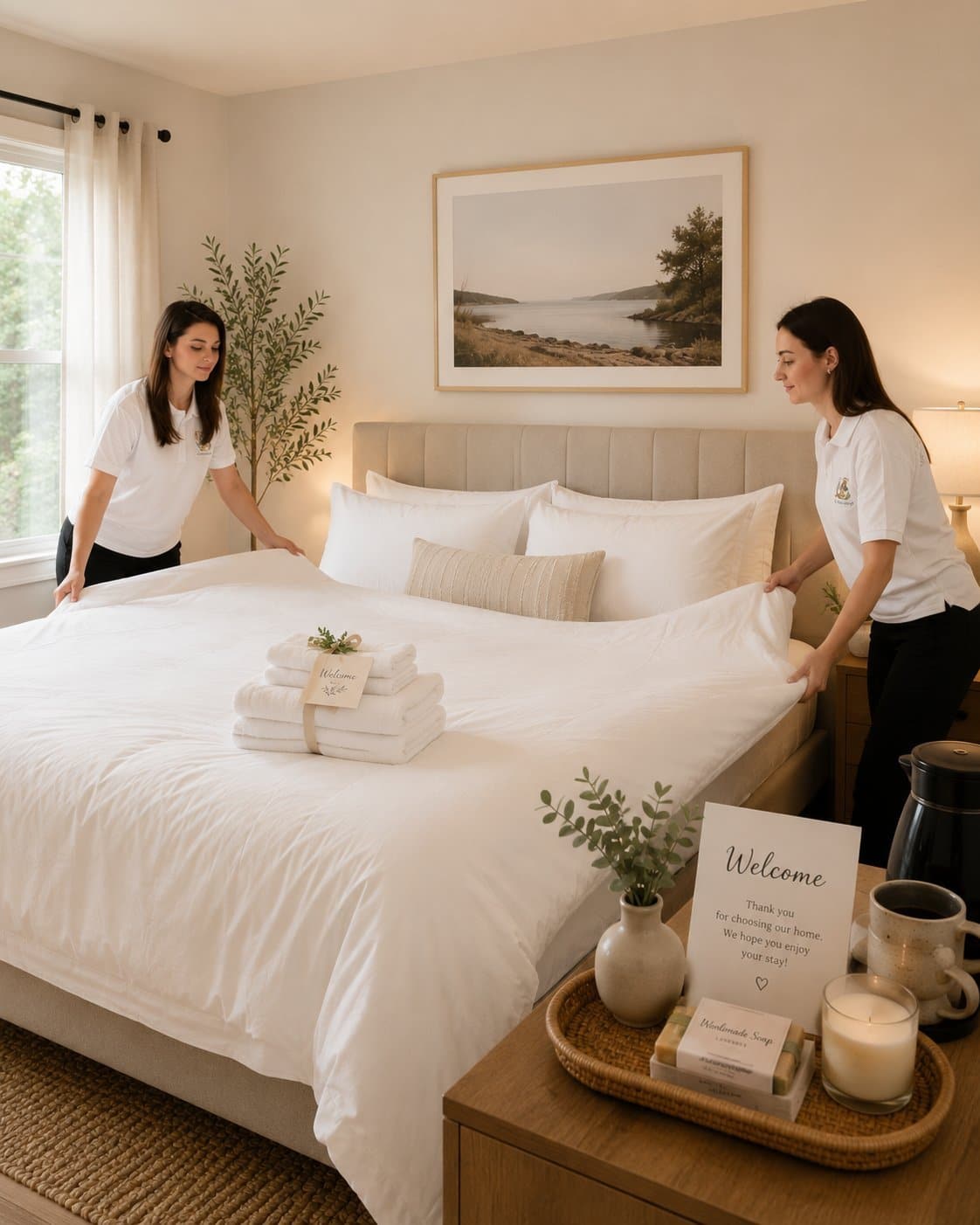 Two Natural Cleaning Experts specialists making a bed with crisp white linens during a turnover
