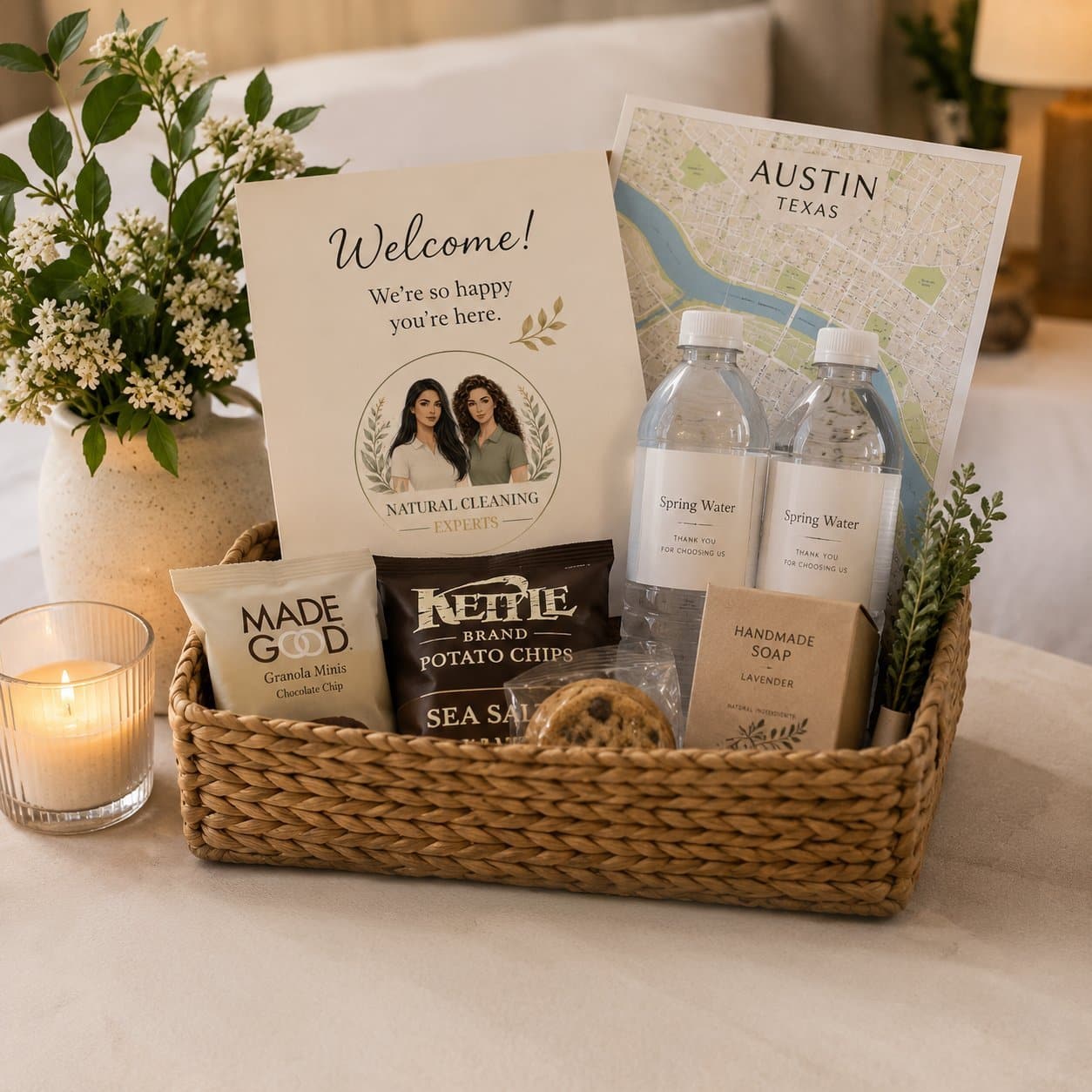 Staged welcome basket with snacks, water and city map in a vacation rental