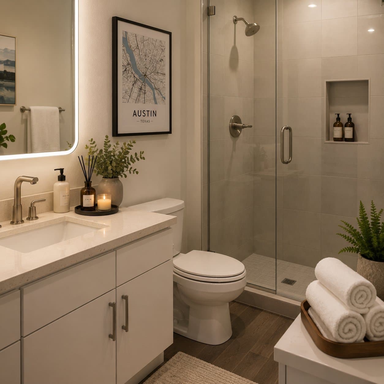 Compact condo bathroom with spotless glass shower and rolled towels
