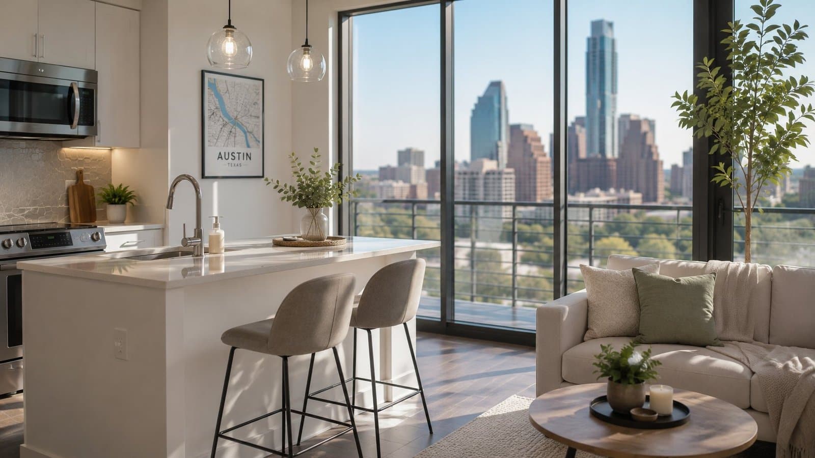 Modern condo kitchen with skyline view after apartment cleaning
