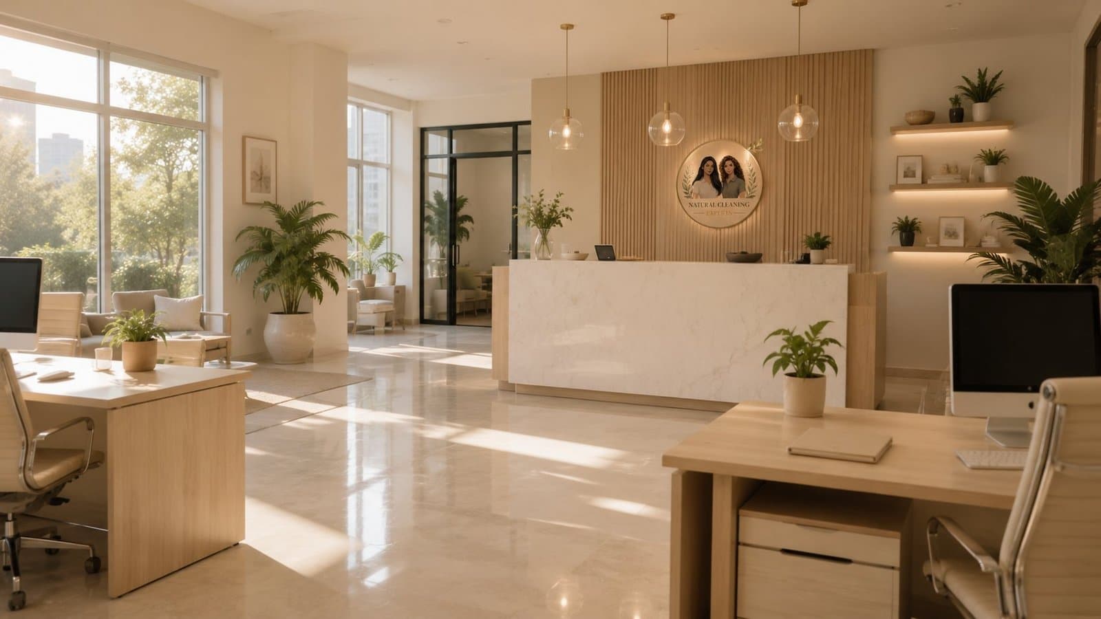 Bright office reception cleaned before opening hours