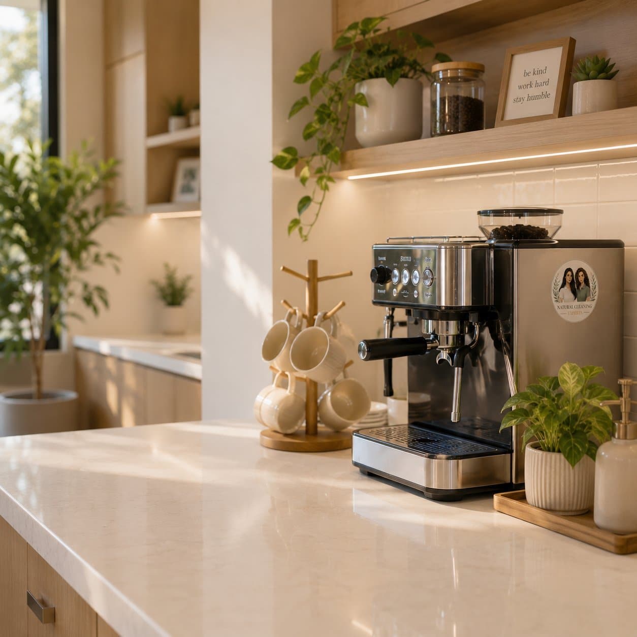 Clean office kitchen with espresso machine and organized mugs
