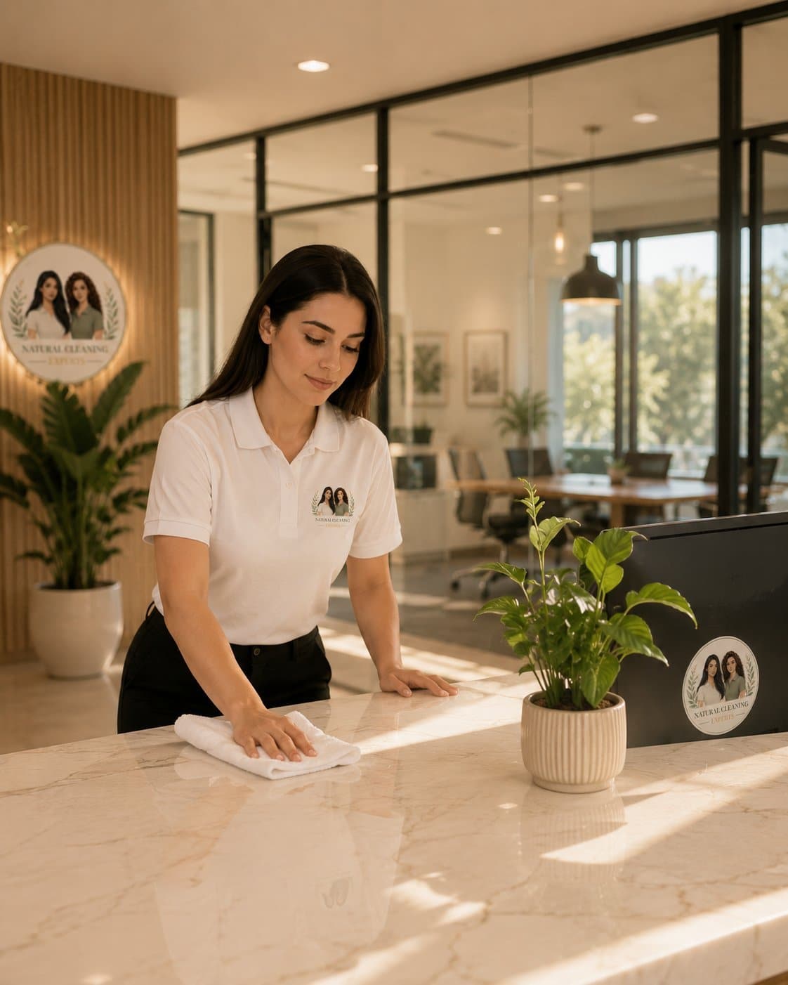 Specialist polishing a marble reception desk in a modern office