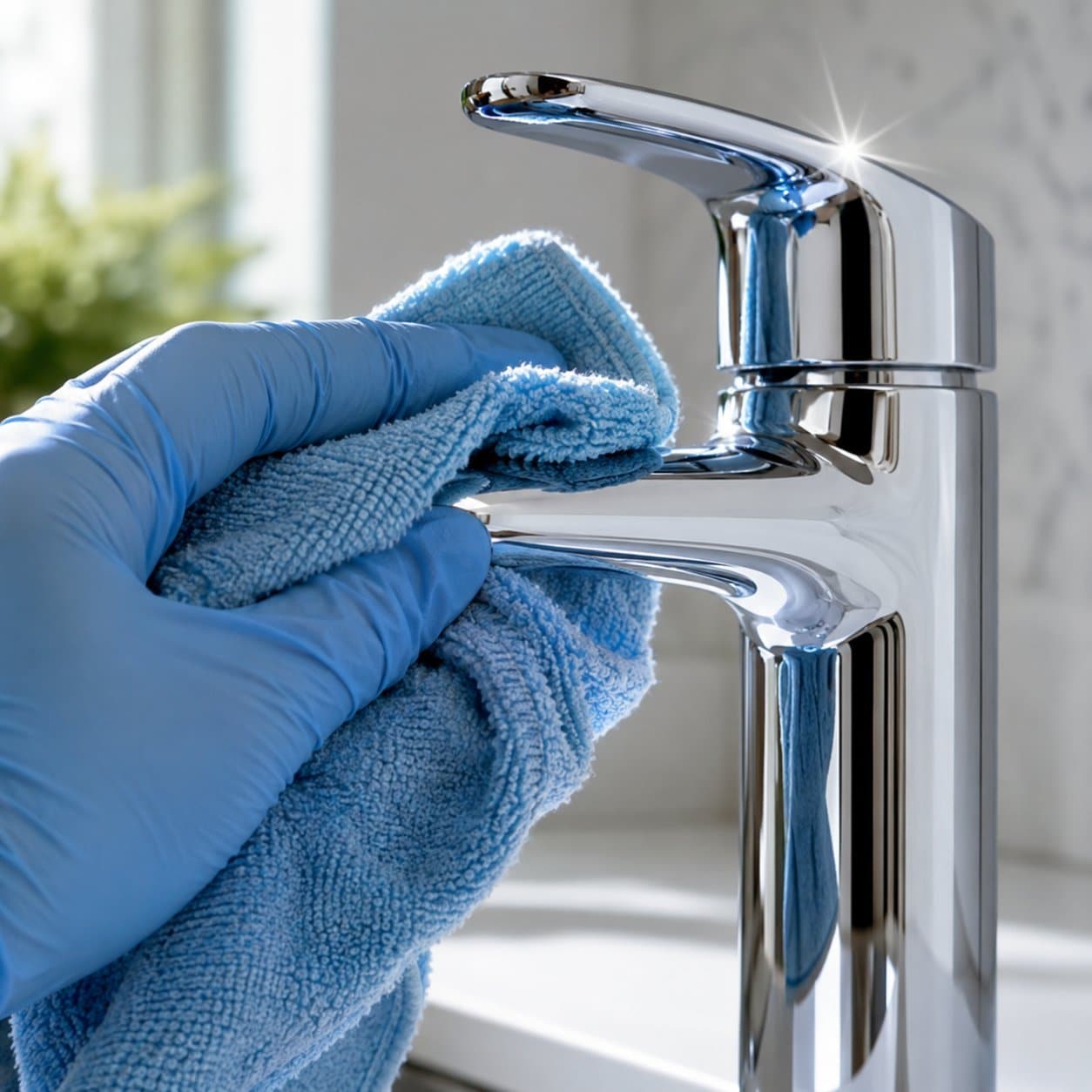Detail of a chrome faucet polished to a shine with microfiber cloth