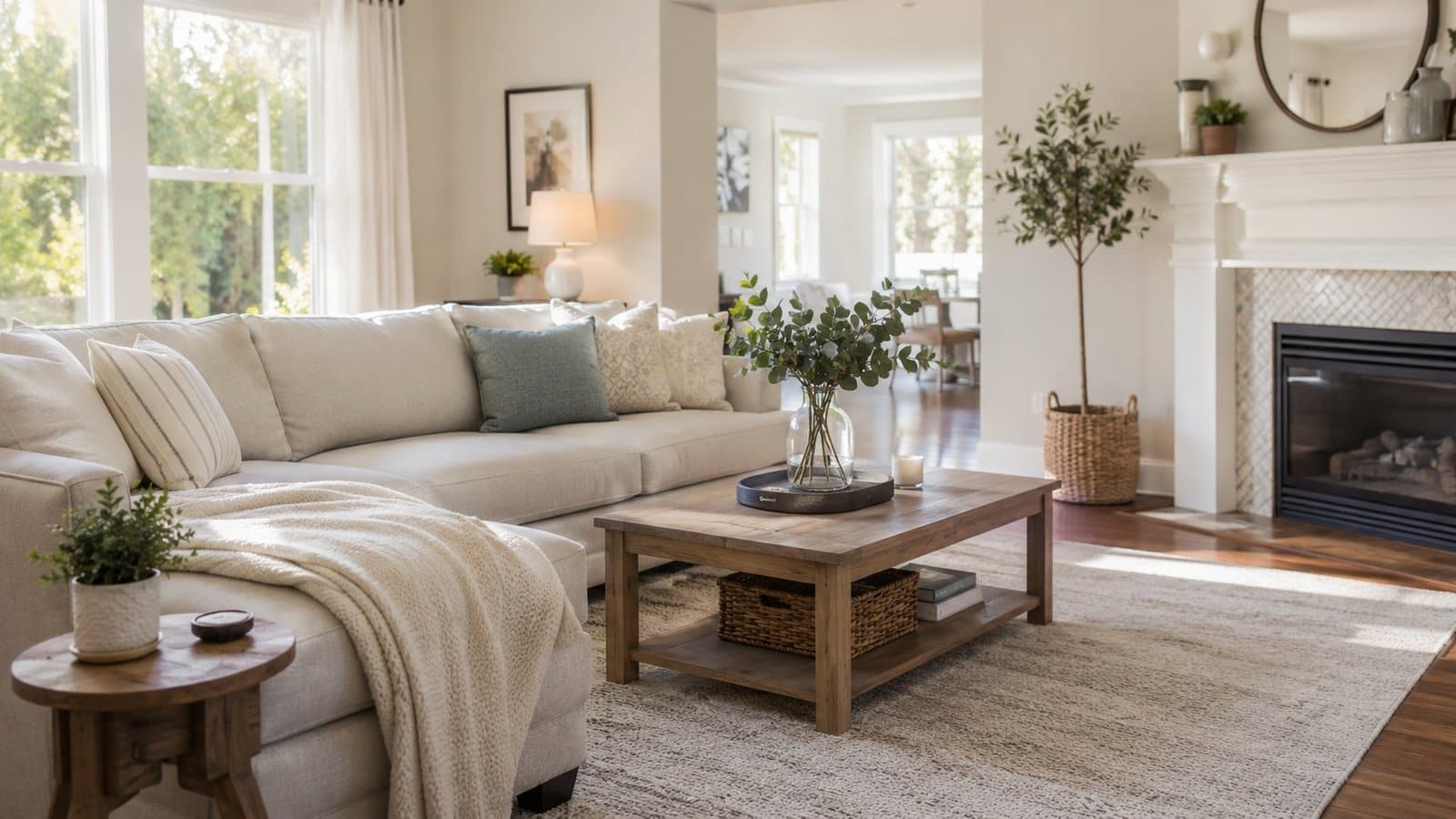 Bright family living room after eco-friendly house cleaning