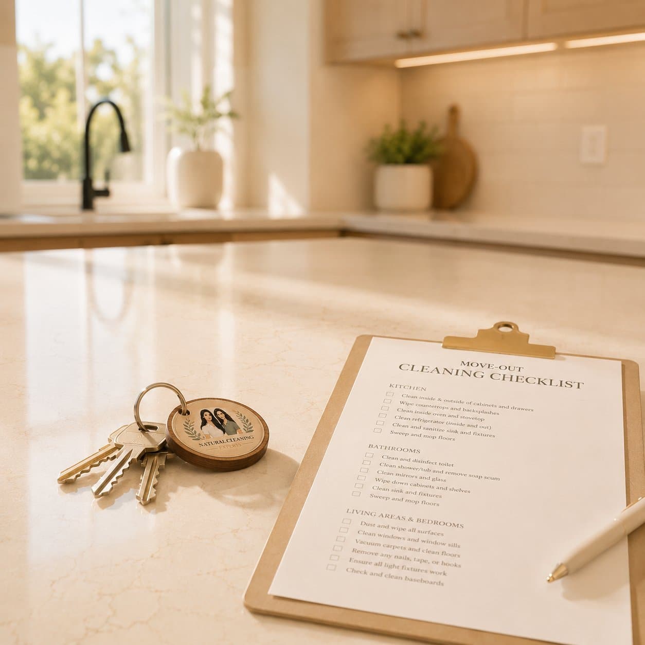Move-out cleaning checklist on a clipboard with house keys on a clean counter
