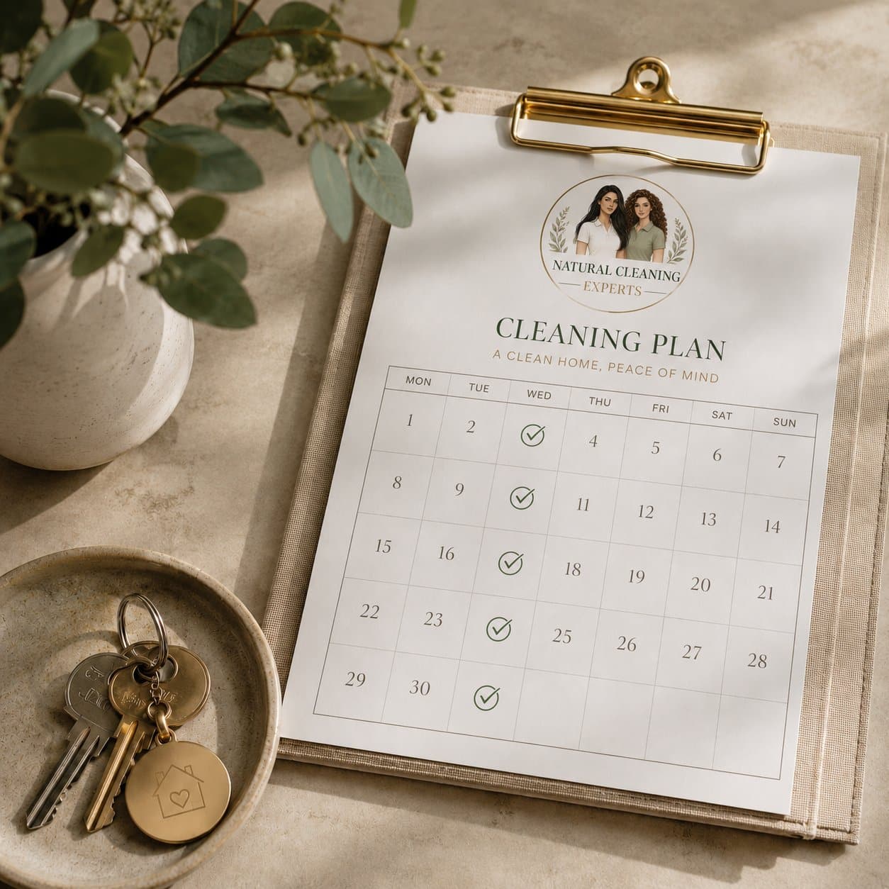 Natural Cleaning Experts recurring cleaning plan calendar with house keys