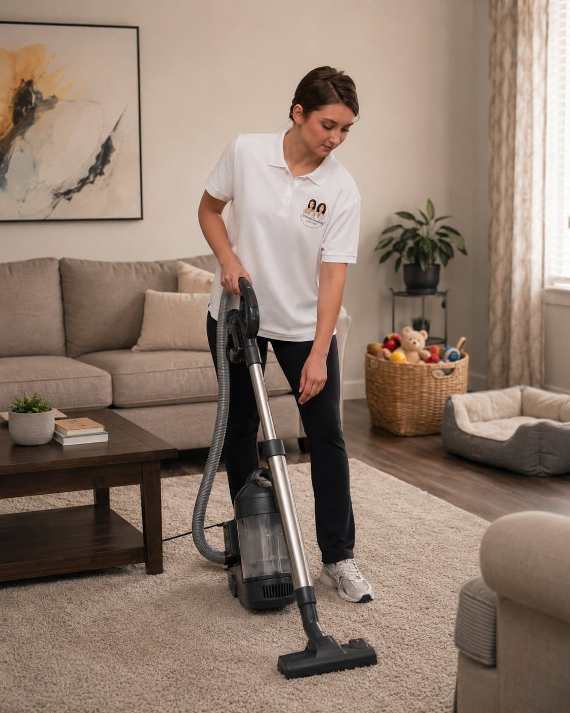 Specialist vacuuming a family living room with toys basket and pet bed