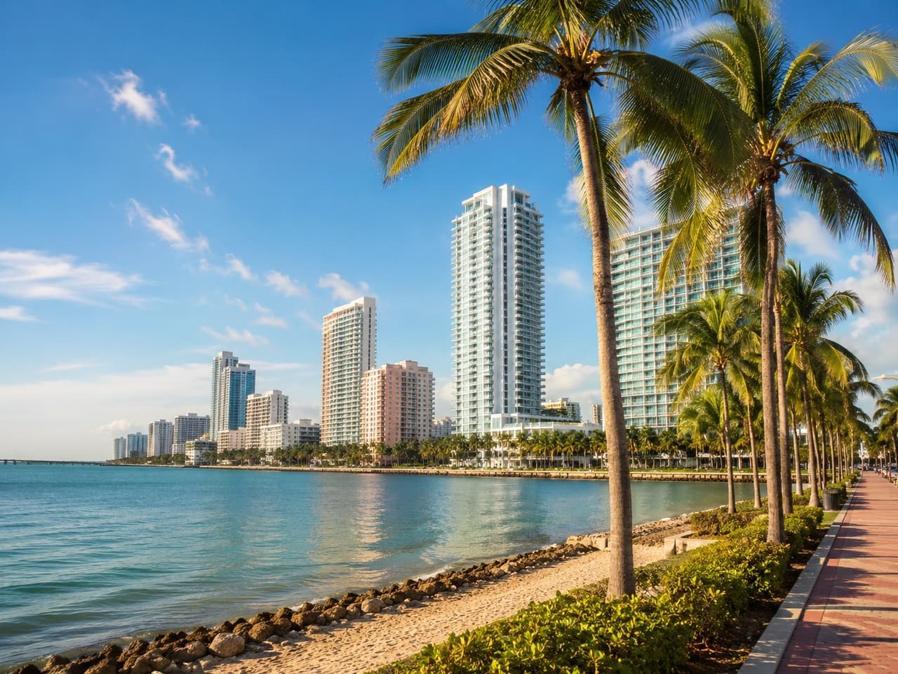 South Florida coast with palm trees and high-rise condos