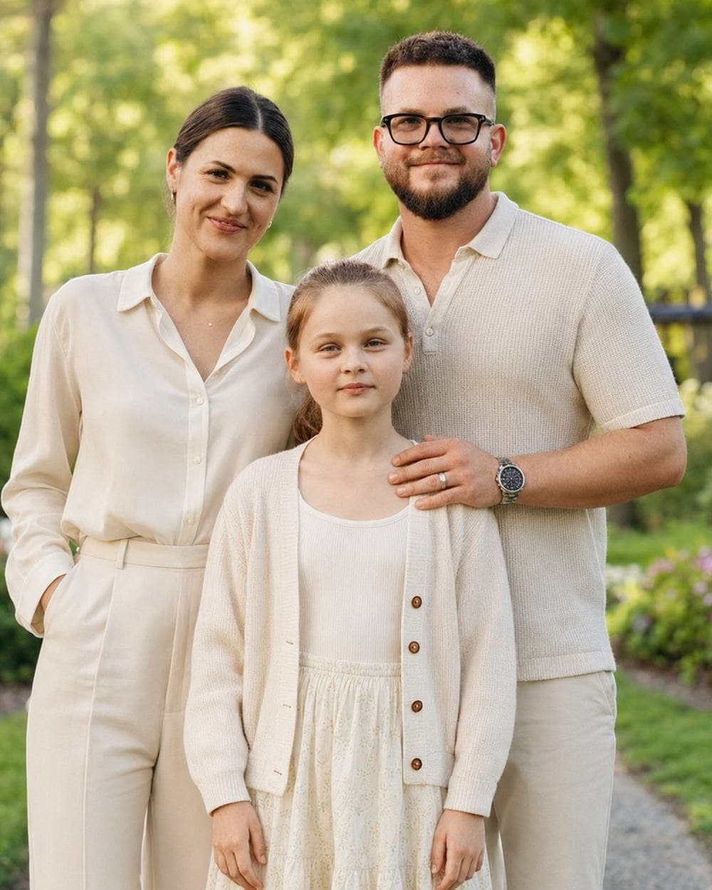 Viktoriia with her husband and daughter in a sunlit park