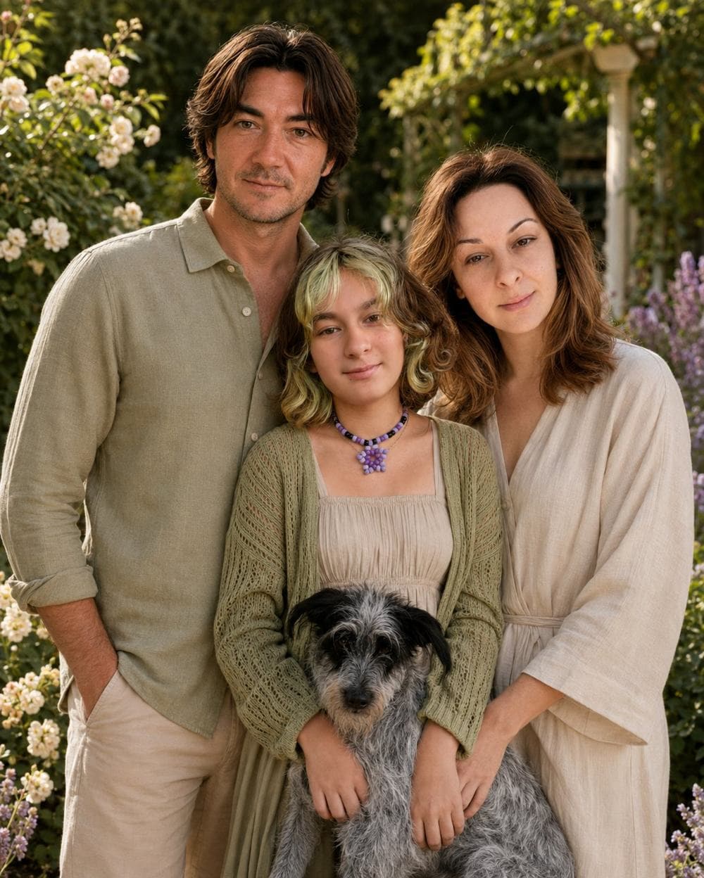 Zalina's family — her husband Denis, daughter Nika, and their adopted dog Fredrik in a garden